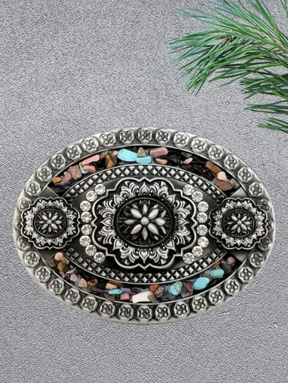 Western Silver Tone Floral Rhinestone Turquoise Chip Oval Belt Buckle, TM2-B1B